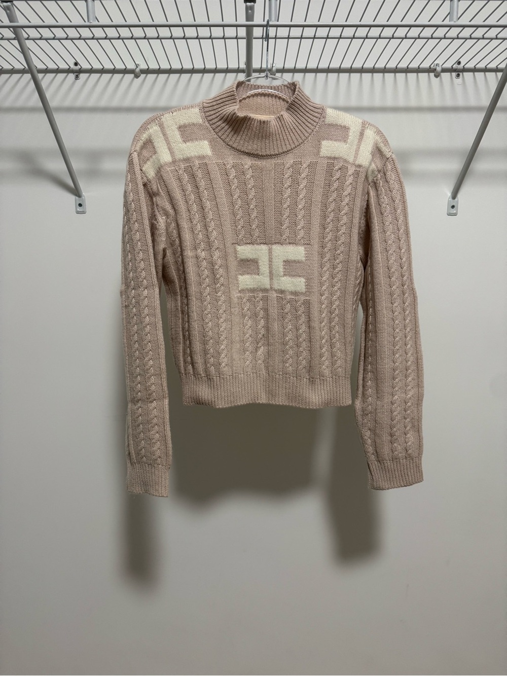 Elisabetta Franchi Girls Cable Knit Mock Neck Sweater Rose/Cream Size 12+ (14)